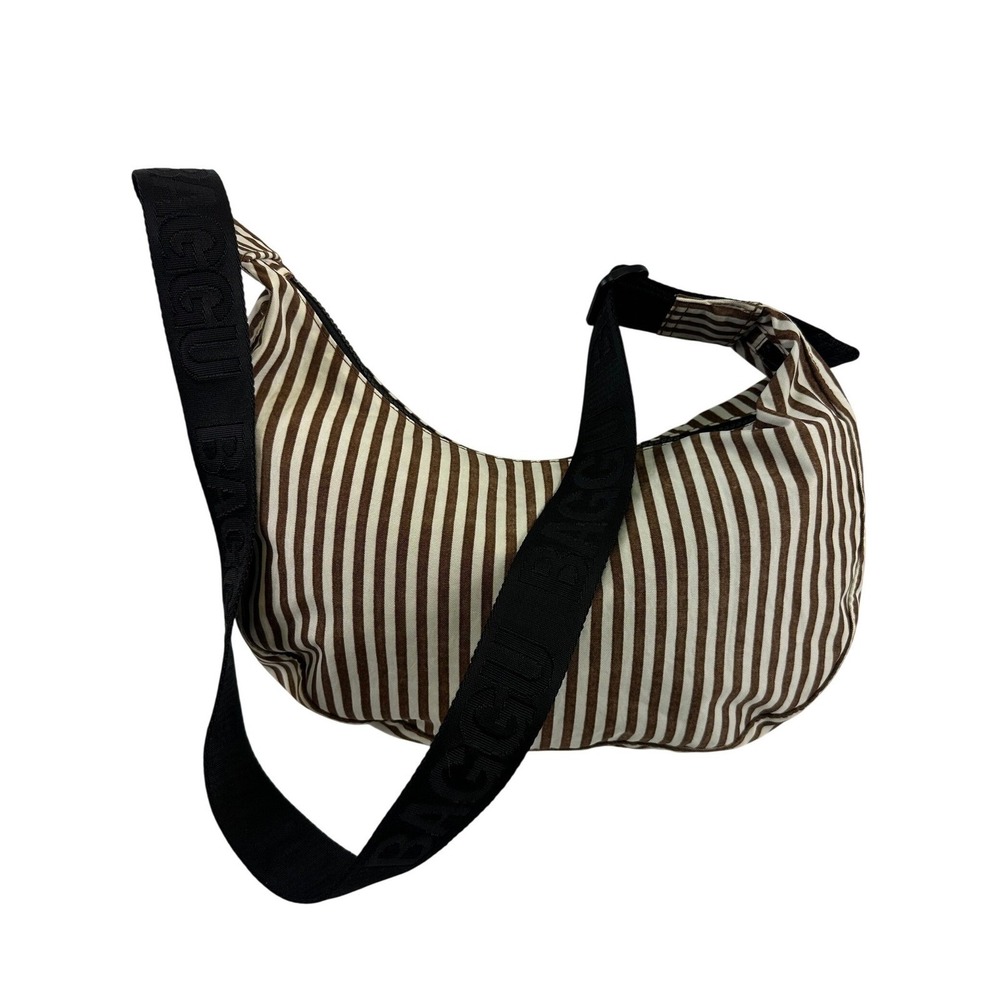 BAGGU Medium Nylon Crescent Bag Brown White Striped Crossbody Shoulder Purse Zip